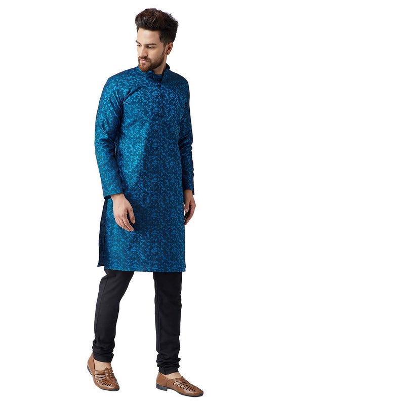 Sojanya (Since 1958 Men'S Blue Jackquard Silk Only Long Kurta, Size 42 - Image 2
